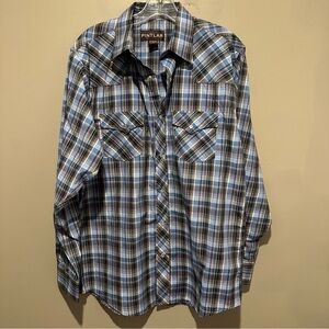 Pintlar Mens Pearl Snap Shirt Size Medium Blue Plaid Western Long Sleeve Ranch